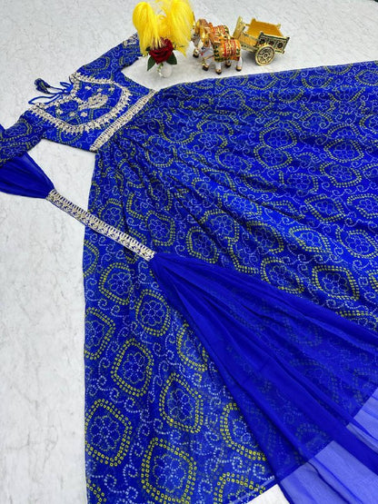 Bandhej Blue Party Wear Embroidery Work Readymade Gown By WTW