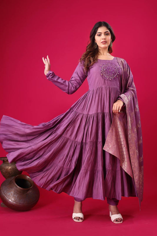 Heavy Roman Silk With Embroidery Sequence Work Gown By WTW