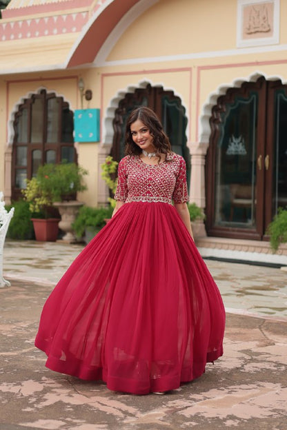 Luxurious Zari-embroidered Red Gown For Discerning Women By WTW