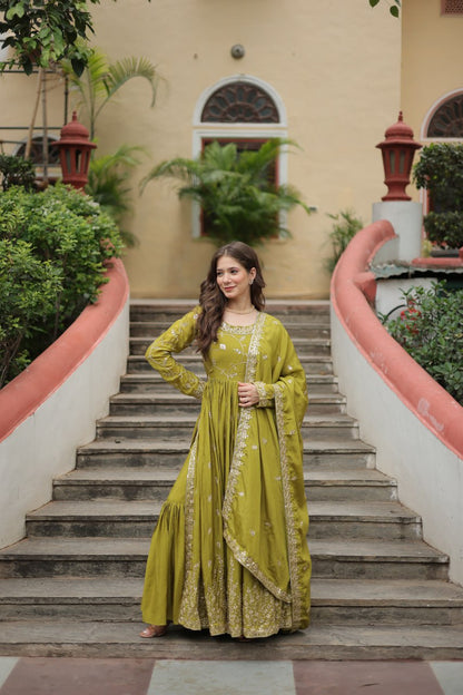 Ethnic Motifs Printed Mirror Work Georgette Kurta With Trousers & Dupatta By WTW