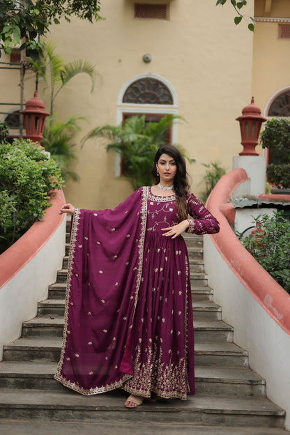 Pretty Wine Color Sequins Chinon Event Wear Gown With Dupatta By WTW