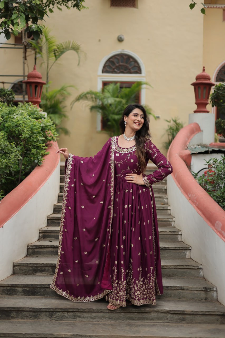 Pretty Wine Color Sequins Chinon Event Wear Gown With Dupatta By WTW