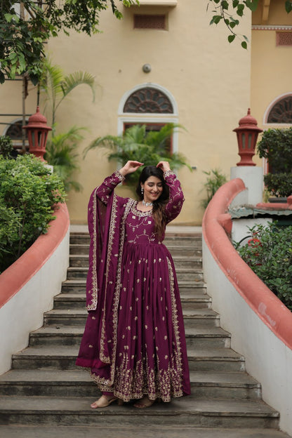 Pretty Wine Color Sequins Chinon Event Wear Gown With Dupatta By WTW