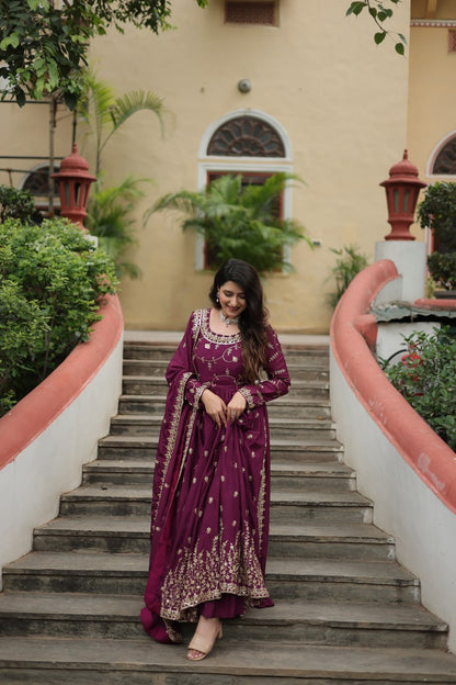 Pretty Wine Color Sequins Chinon Event Wear Gown With Dupatta By WTW