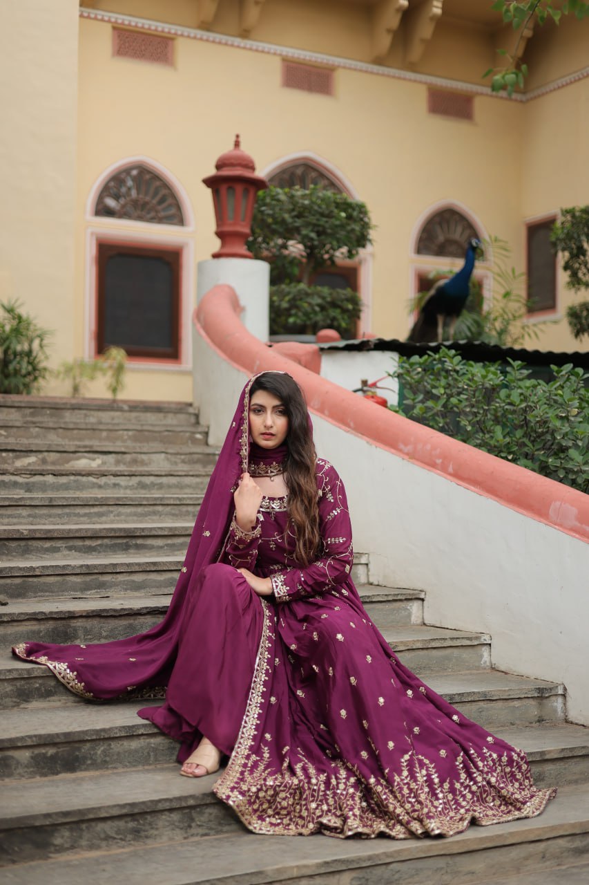 Pretty Wine Color Sequins Chinon Event Wear Gown With Dupatta By WTW