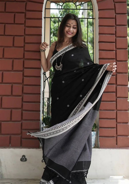 Resplendent Black Color Soft Lilan Slab Weaving Work Saree By WTW