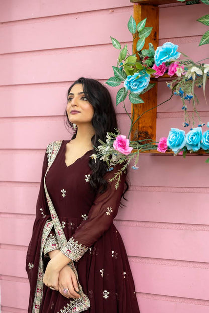 Exotic Red Color Faux Georgette With Embroidery Sequence Work Anarkali Gown By WTW