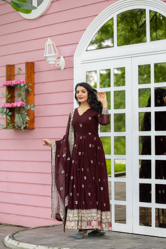 Exotic Red Color Faux Georgette With Embroidery Sequence Work Anarkali Gown By WTW