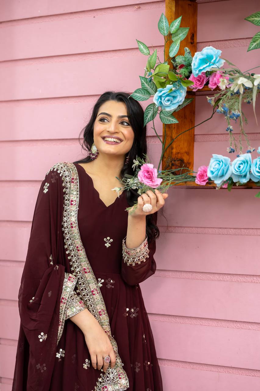 Exotic Red Color Faux Georgette With Embroidery Sequence Work Anarkali Gown By WTW