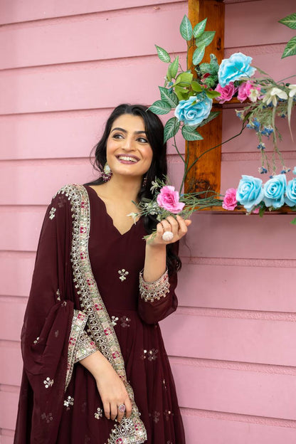Exotic Red Color Faux Georgette With Embroidery Sequence Work Anarkali Gown By WTW