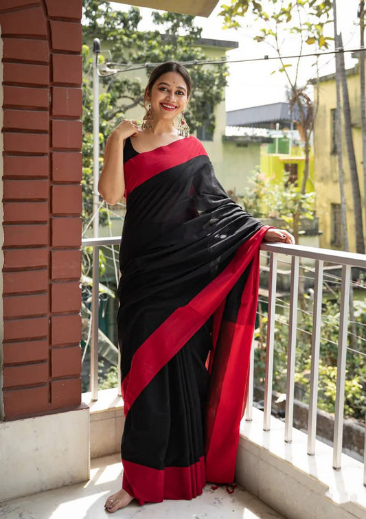 Cynosure Black Cotton Silk Saree With Ethnic Blouse Piece By WTW
