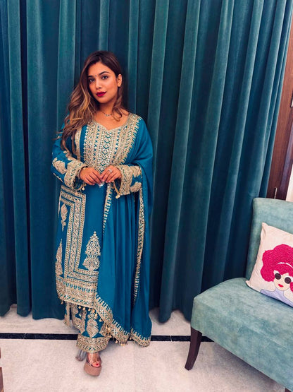 Bright Sky Blue Color Chinnon Silk With Embroidery Coding Dori-sequence Work Salwar Suit By WTW