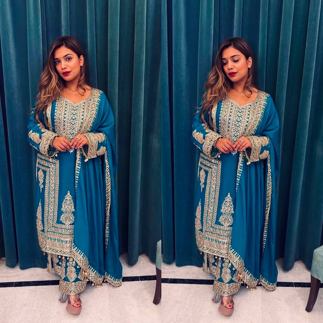 Bright Sky Blue Color Chinnon Silk With Embroidery Coding Dori-sequence Work Salwar Suit By WTW