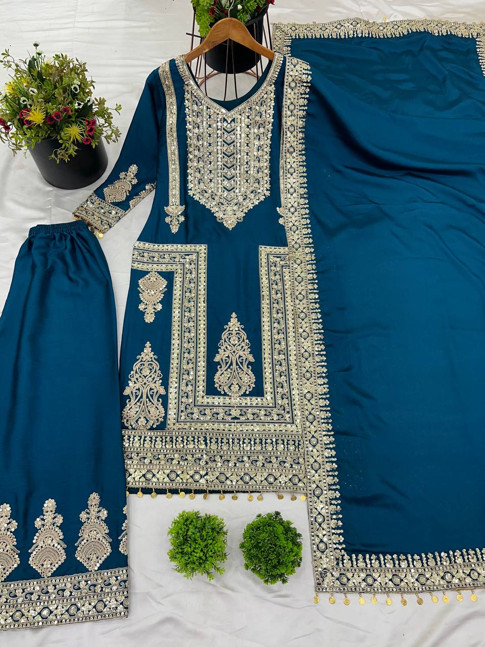 Bright Sky Blue Color Chinnon Silk With Embroidery Coding Dori-sequence Work Salwar Suit By WTW