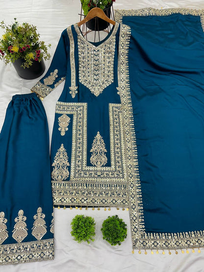 Bright Sky Blue Color Chinnon Silk With Embroidery Coding Dori-sequence Work Salwar Suit By WTW