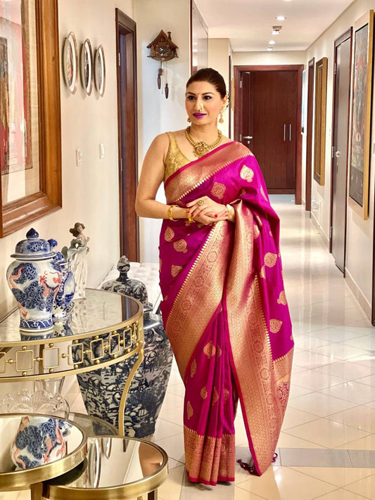 Pink Color New Design Soft Banarasi Silk Saree With Golden Zari Work By WTW