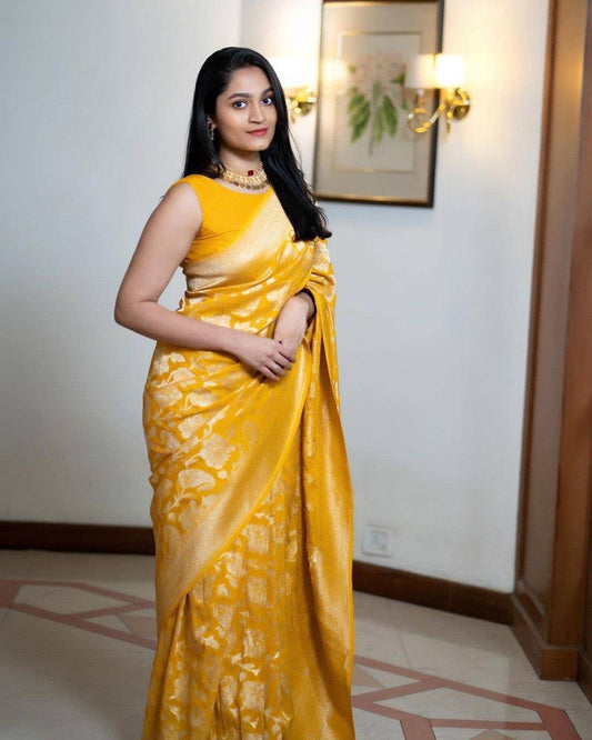 Charming Yellow Soft Silk Saree With Invaluable Blouse Piece By WTW