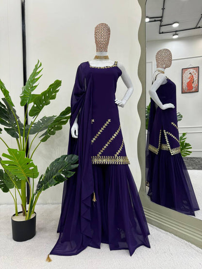 Purple Georgette Kurta Sharara Set With Sequence Embroidery Work And Dupatta By WTW