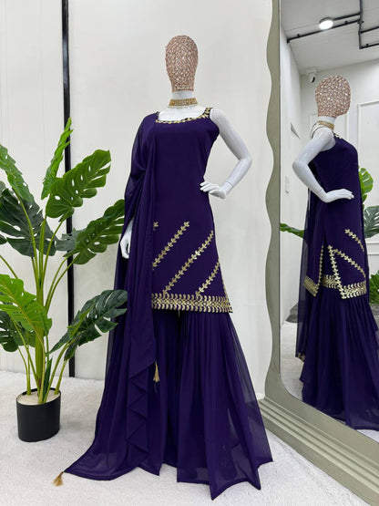 Purple Georgette Kurta Sharara Set With Sequence Embroidery Work And Dupatta By WTW