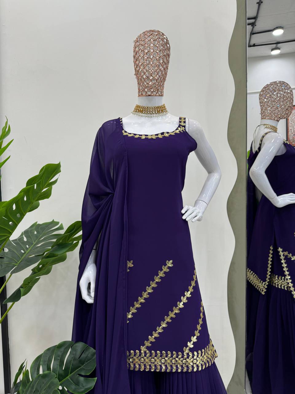 Purple Georgette Kurta Sharara Set With Sequence Embroidery Work And Dupatta By WTW