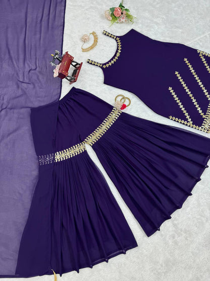 Purple Georgette Kurta Sharara Set With Sequence Embroidery Work And Dupatta By WTW