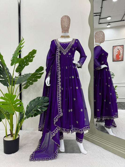 Designer Purple Color Georgette With Thread Work Long Gown By WTW