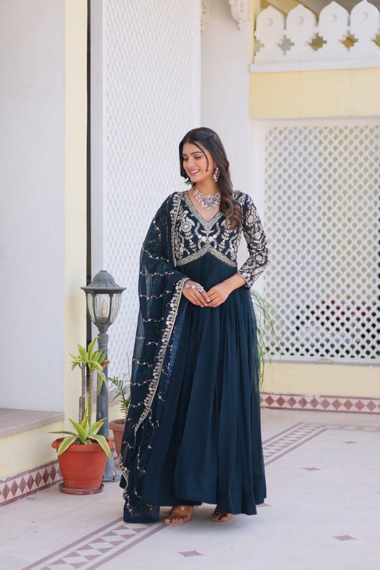 Traditional Rama Color Georgette Sequins Work Party Gown By WTW