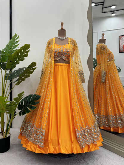 Amazing Yellow Color Sequence Work Japan Satin Lehenga Choli With Koti By WTW