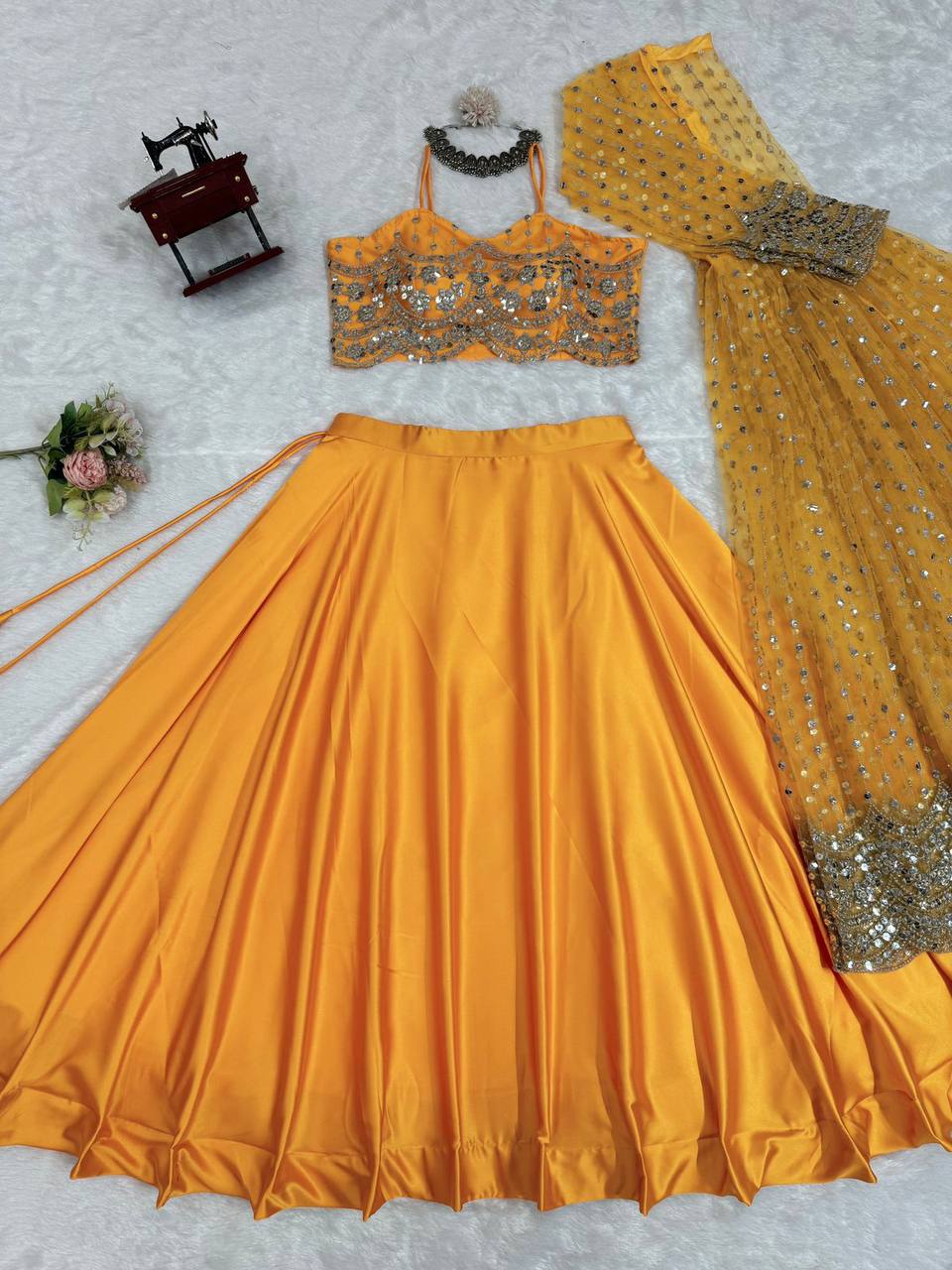 Amazing Yellow Color Sequence Work Japan Satin Lehenga Choli With Koti By WTW