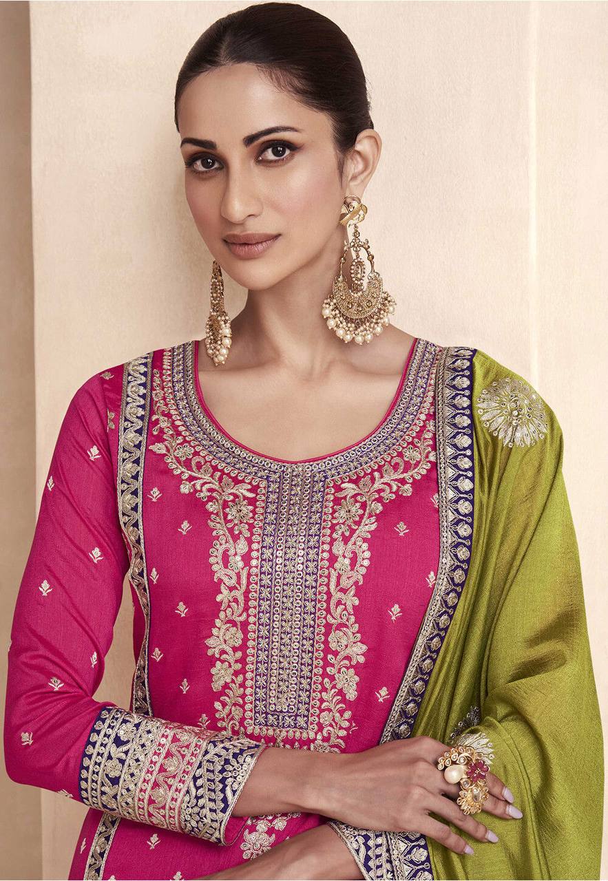 Beautiful Designer Wedding Wear Pink Premium Punjabi Plazzo Suit By WTW