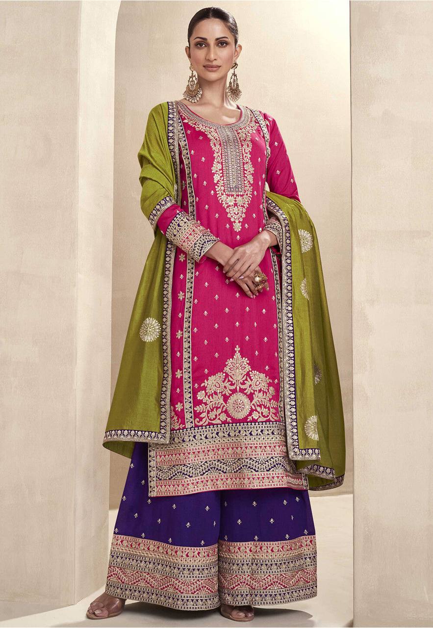 Beautiful Designer Wedding Wear Pink Premium Punjabi Plazzo Suit By WTW