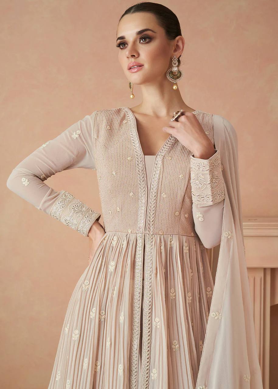 Beige Colour Partywear Embroidery Anarkali By WTW