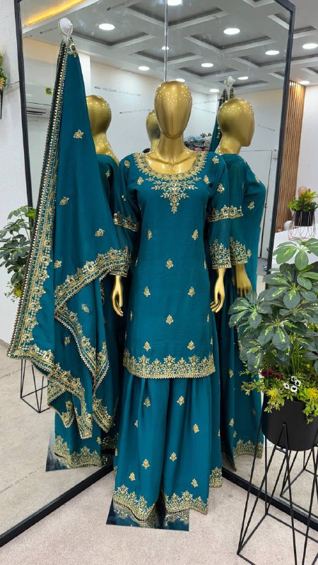 Artful Blue Color Chinnon Silk Embroidery Sequence Salwar Suit By WTW