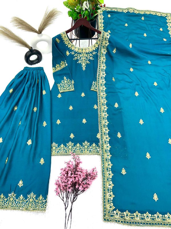 Artful Blue Color Chinnon Silk Embroidery Sequence Salwar Suit By WTW