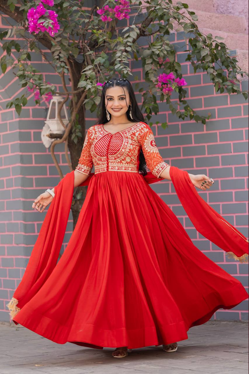 Designer Gown In Red Chinon With Bandhej And Embroidery Work With Dupatta By WTW