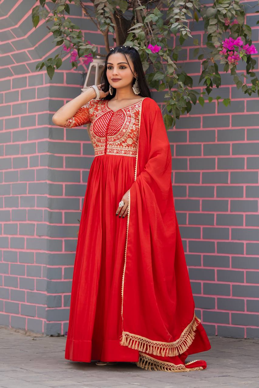 Designer Gown In Red Chinon With Bandhej And Embroidery Work With Dupatta By WTW