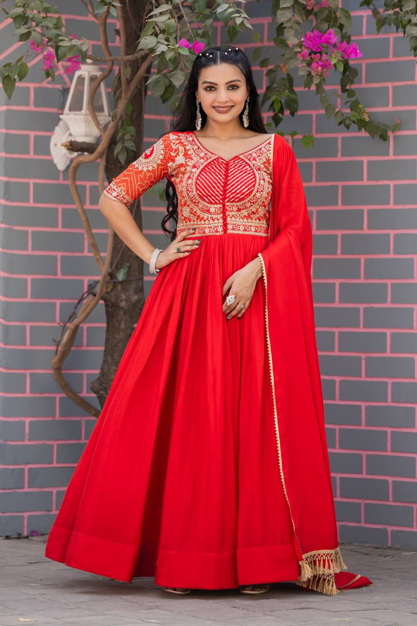 Designer Gown In Red Chinon With Bandhej And Embroidery Work With Dupatta By WTW