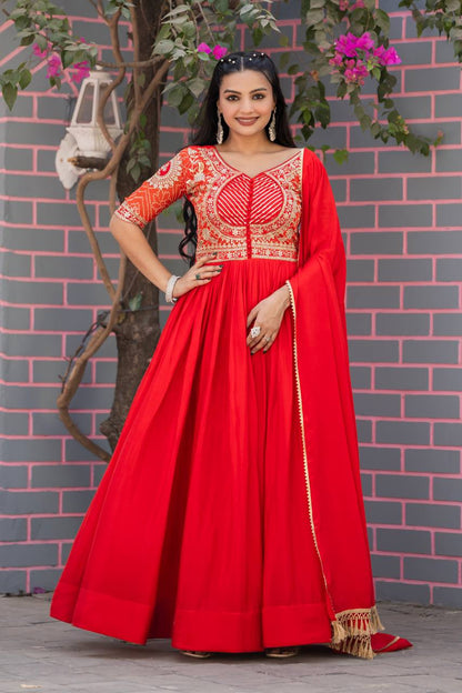 Designer Gown In Red Chinon With Bandhej And Embroidery Work With Dupatta By WTW