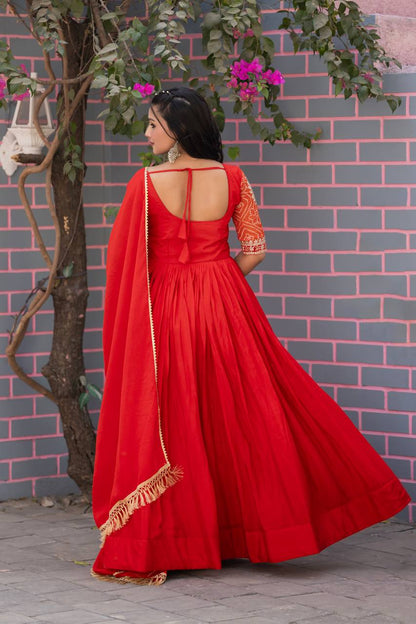 Designer Gown In Red Chinon With Bandhej And Embroidery Work With Dupatta By WTW