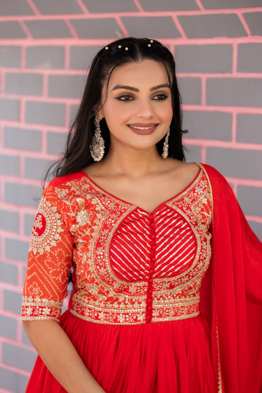 Designer Gown In Red Chinon With Bandhej And Embroidery Work With Dupatta By WTW
