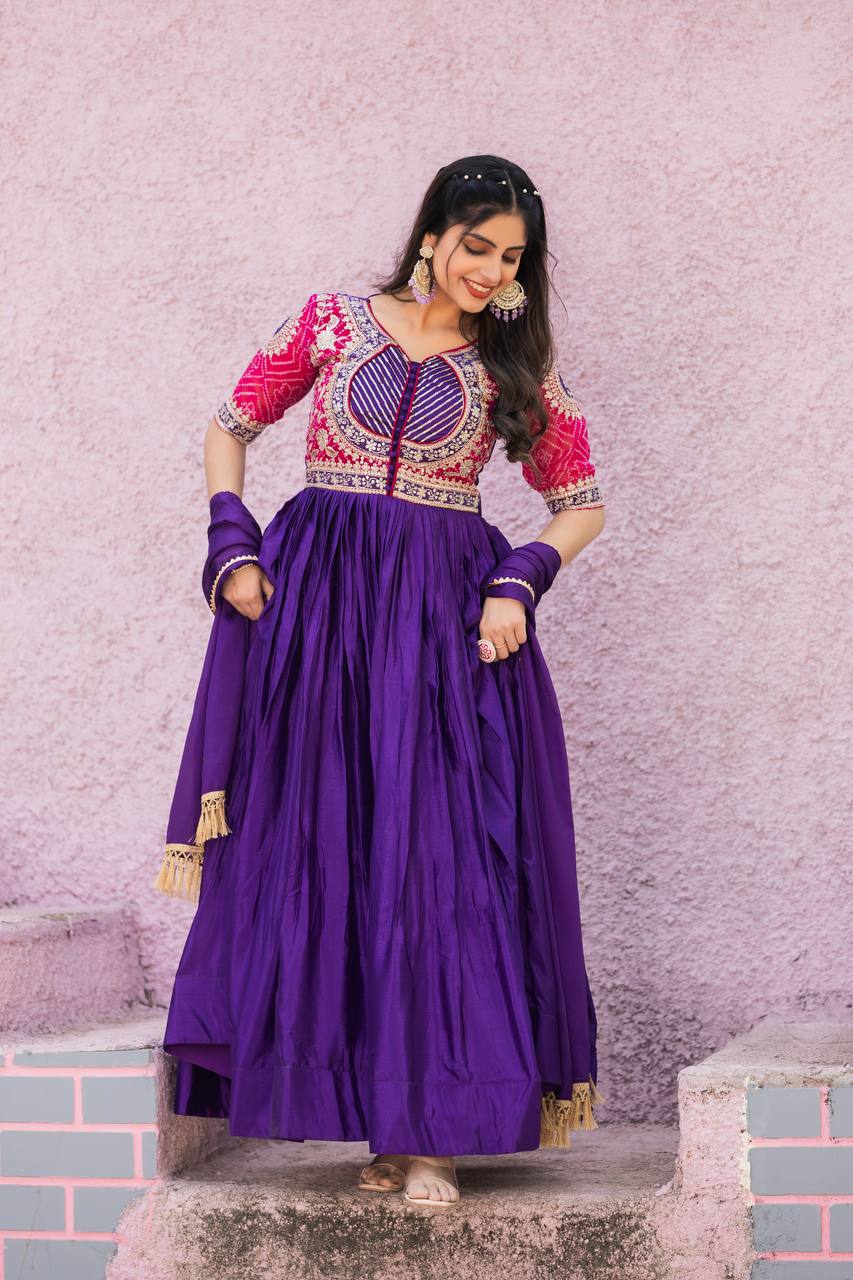 Designer Gown In Purple Chinon With Bandhej And Embroidery Work With Dupatta By WTW