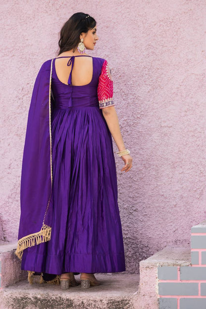 Designer Gown In Purple Chinon With Bandhej And Embroidery Work With Dupatta By WTW