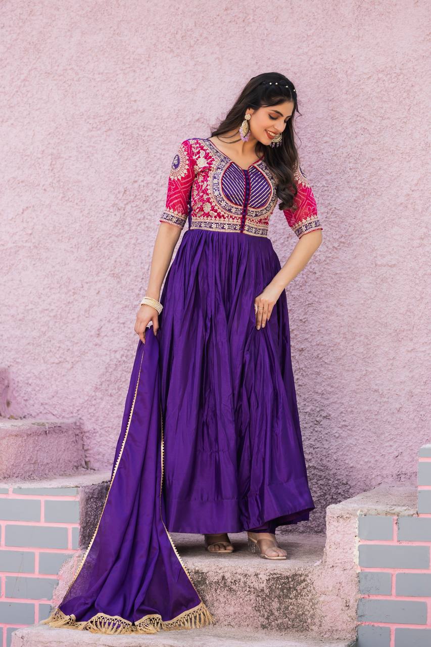 Designer Gown In Purple Chinon With Bandhej And Embroidery Work With Dupatta By WTW