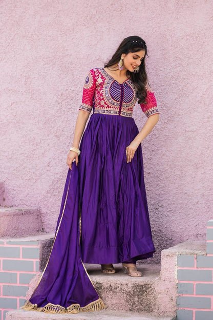 Designer Gown In Purple Chinon With Bandhej And Embroidery Work With Dupatta By WTW