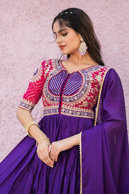 Designer Gown In Purple Chinon With Bandhej And Embroidery Work With Dupatta By WTW