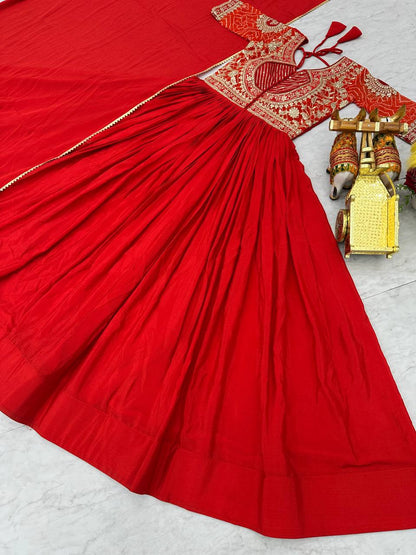 Designer Gown In Red Chinon With Bandhej And Embroidery Work With Dupatta By WTW