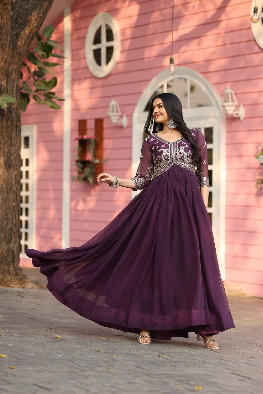 Wine Designer Gown In Georgette With Sequence Work Indian Dress For Women By WTW