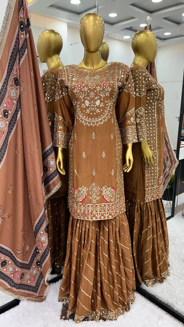 Fine Brown Color Chinnon Silk Embroidery Sequence Salwar Suit By WTW