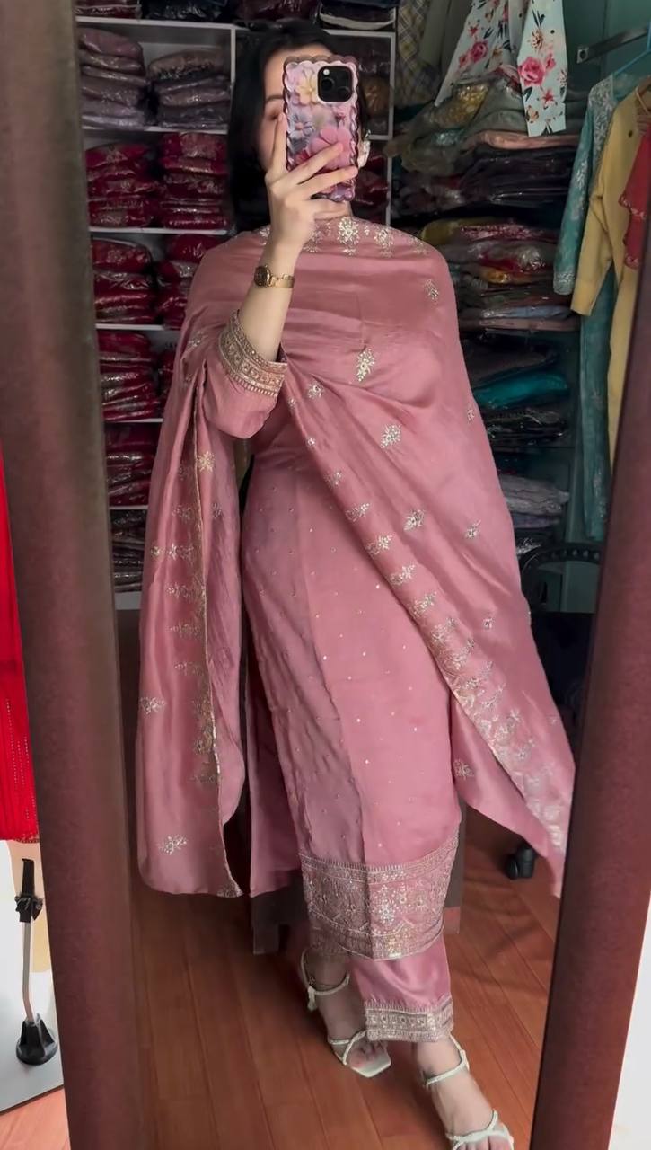 Fantastic Pink Color Chinon Silk With Embroidery Sequence Work Salwar Suit By WTW