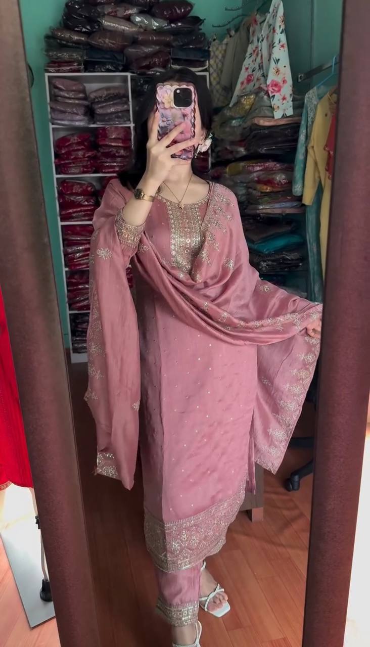 Fantastic Pink Color Chinon Silk With Embroidery Sequence Work Salwar Suit By WTW